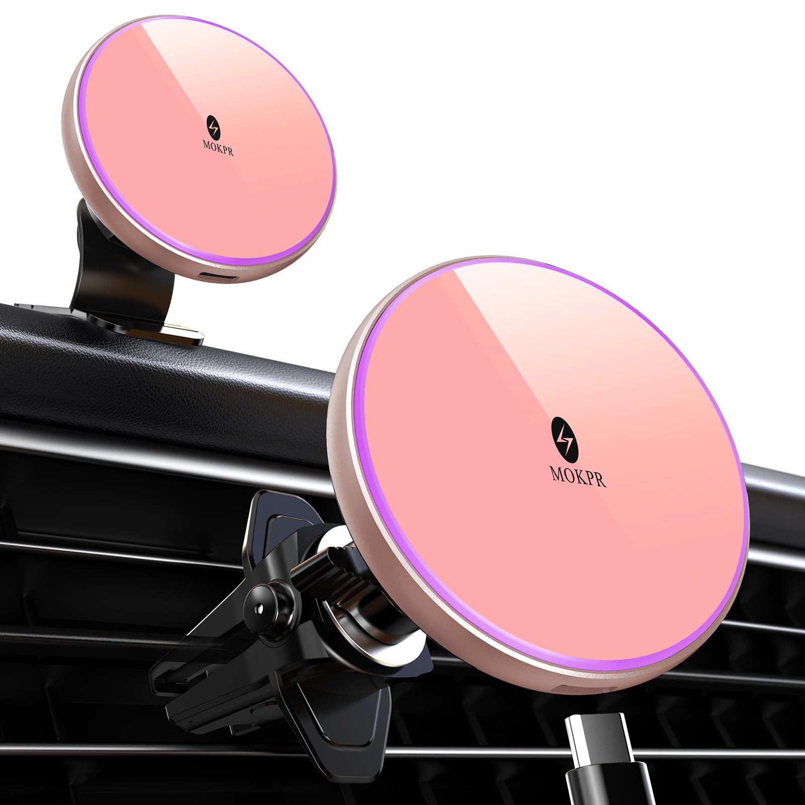 Mokpr For Magnetic Car Mount Charger-15W Wireless Car Charger-Magnetic Car Phone Holder For Dash Air Vent-Led Rgb Handsfree Car 