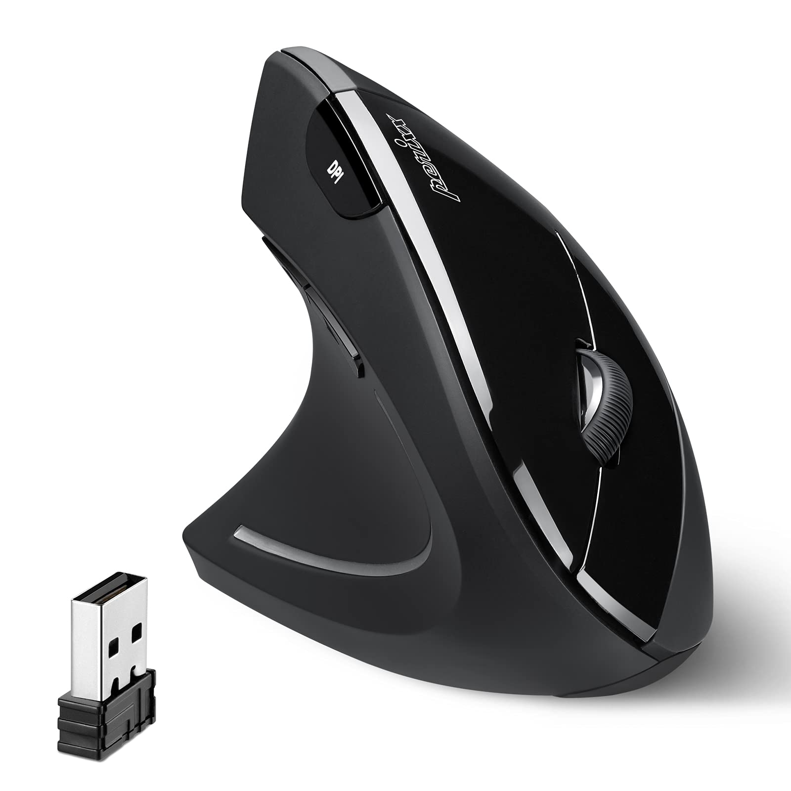 Perixx Perimice 713L, Wireless Ergonomic Left Handed Vertical Mouse, 6 Buttons Design, 3 Level Dpi, Black, Medium