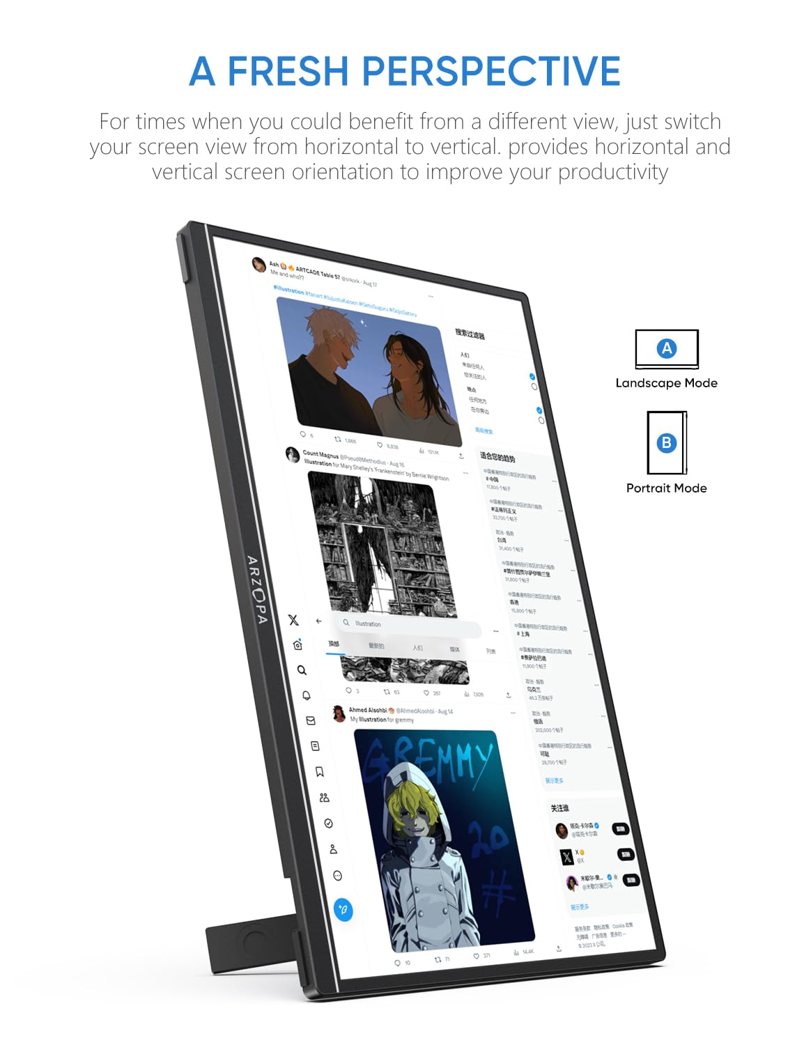 Arzopa Portable Monitor Kickstand, 14.0 Ultra Slim Portable Laptop Monitor Fhd 1080P External Display With Dual Speakers Second