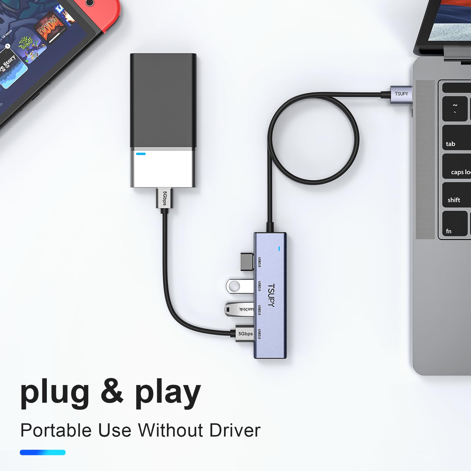 Usb 3.0 Hub, Tsupy Usb Splitter With 5 Usb Ports And 4Ft Extended Cable,Ultra Slim Aluminium Data Hub Multi Usb 3.0 Adapter Hub Compatible For Laptop,Macbook,Pc, Printer, Mobile Hdd And More