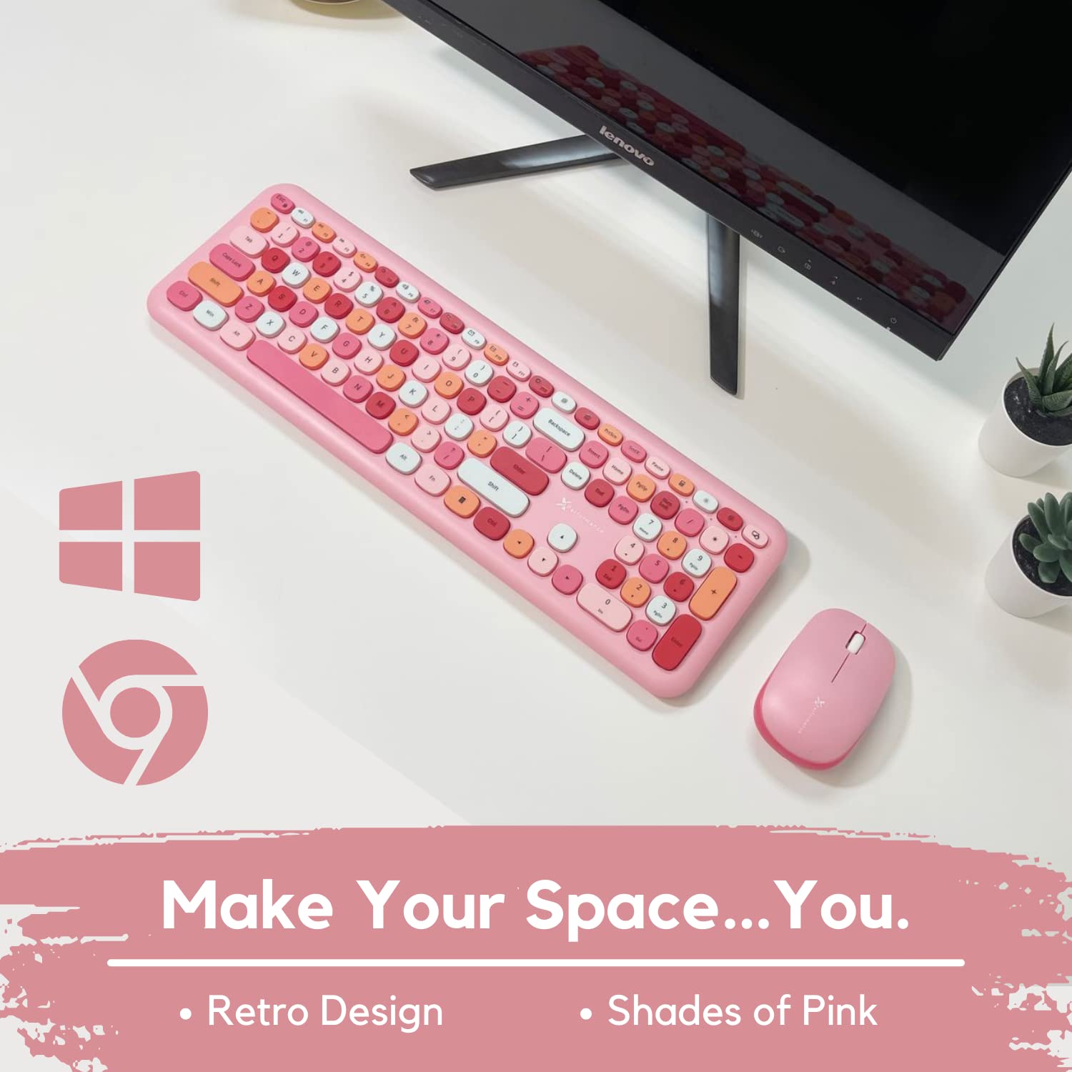 X9 Cute Wireless Keyboard And Mouse Combo   2.4G Colorful Keyboard And Mouse Wireless Pink With Retro Multi Colored Typewriter, Keycaps For Windows Computer Keyboard, Laptop