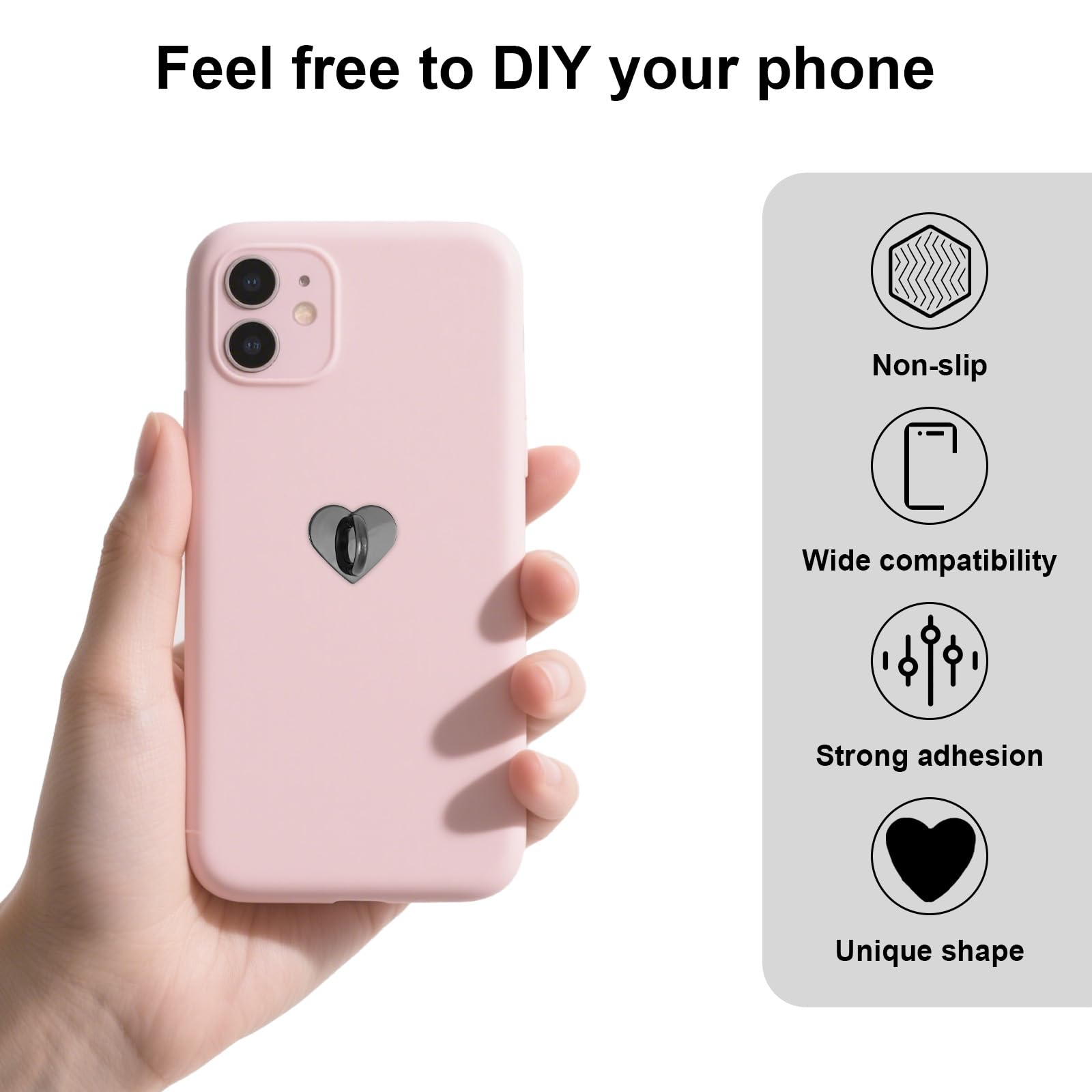 Gosknor 8Pcs Heart Cell Phone Ring Holder, Cute Phone Charm Hooks Adhesive Smartphone Finger Ring Grip Sticky Metal Loop Stand F