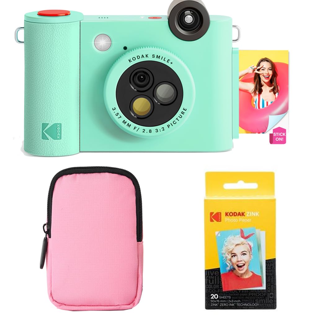 KODAK Smile+ 2-in-1 Digital Instant Print Camera & Wireless Bluetooth Photo Printer Starter Bundle + Soft Case + Zink 20pk Stick