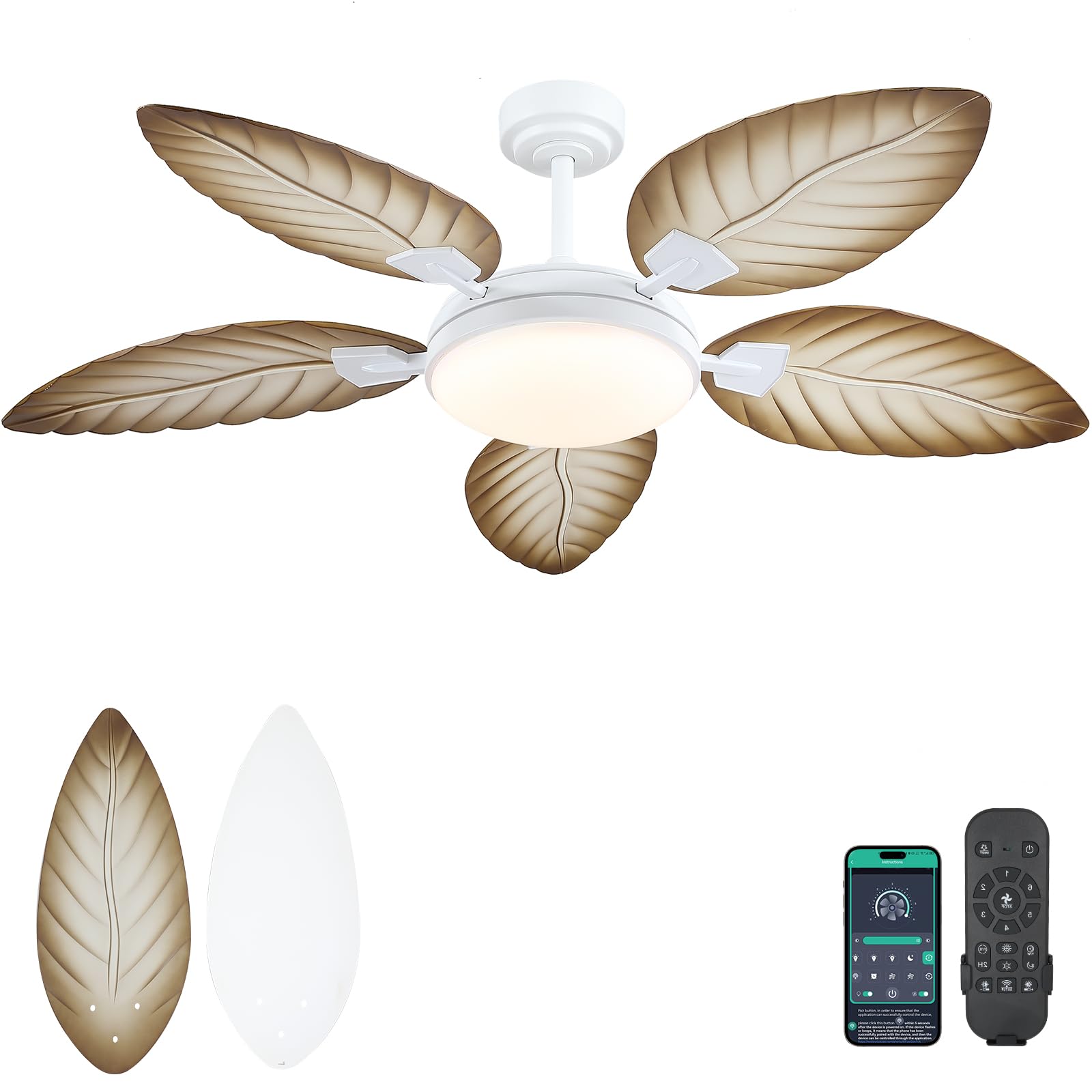 PHORUS 52 Palm Leaf Ceiling Fans with Lights, Outdoor Tropical Ceiling Fans with Remote for Patios Living Room, Dimmable, 6 Spee