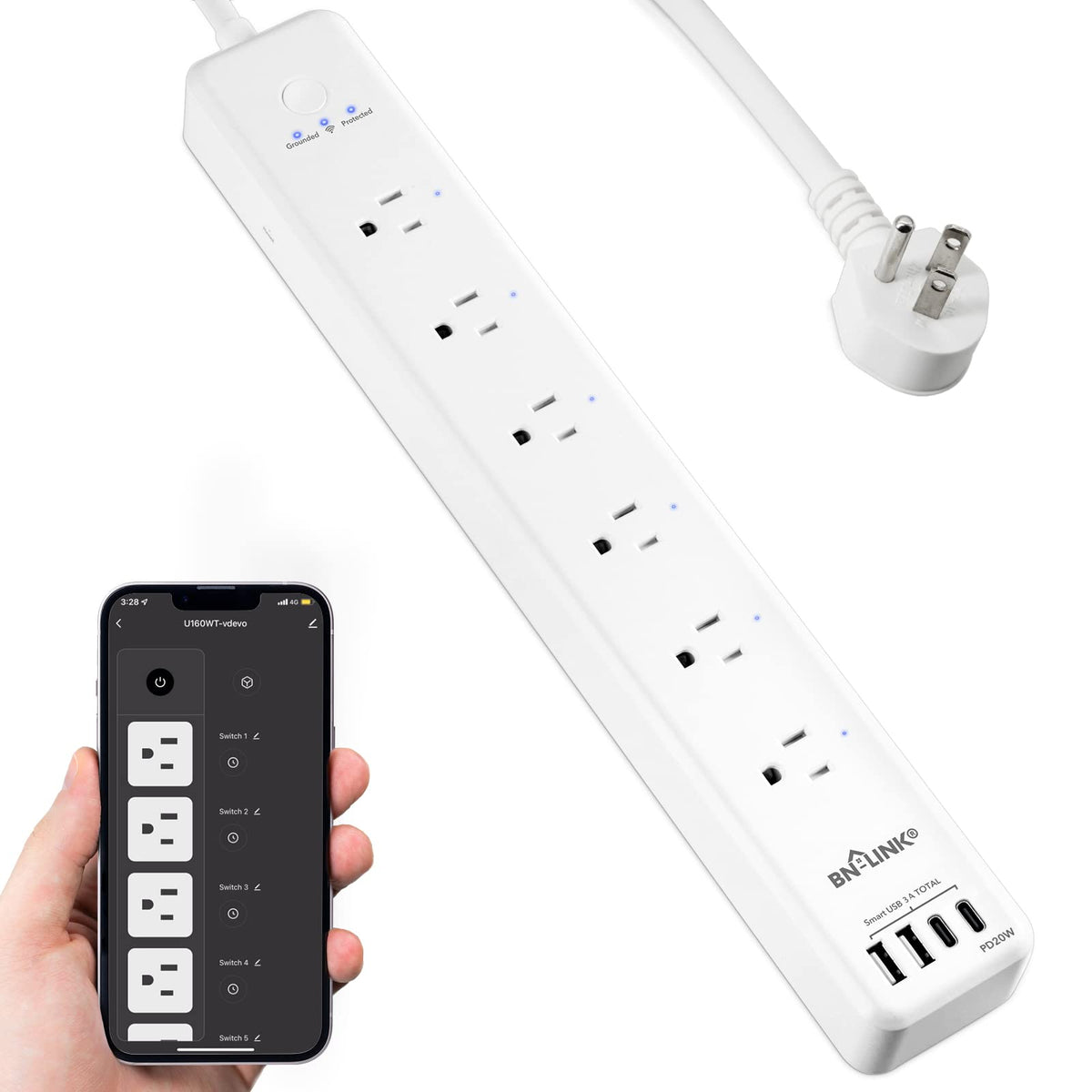 Bn Link Smart Plug Power Strip,Surge Protector With 6 Individually Controlled Smart Outlets, 4 Usbs (Incl. 20W Usb-C), Compatibl