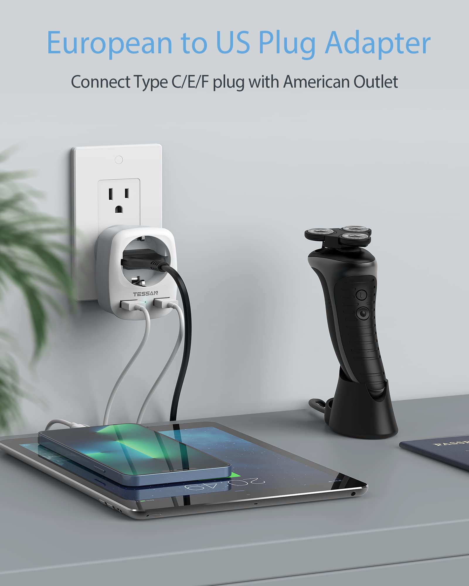 Tessan Europe To Us Plug Adapter With Ac Outlet And 2 Usb Ports, Eu To Us Plug Adapter, European To Us Travel Converter, Most Of