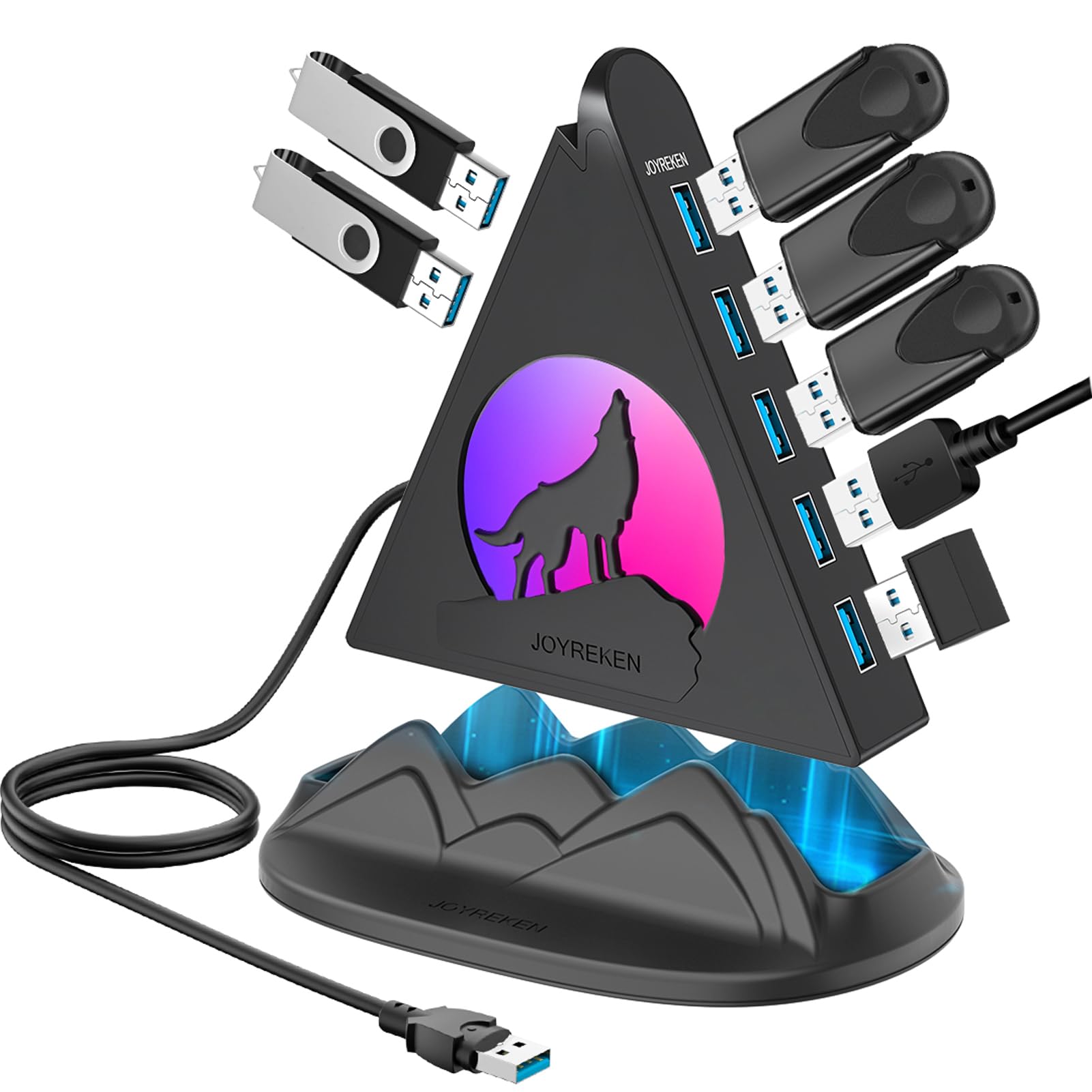 JoyReken USB Hub 3.0, 7-Port USB Hub with RGB Night Light and Base, Vertical USB a Splitter for Desktop,Laptop, MacBook, Xbox, P