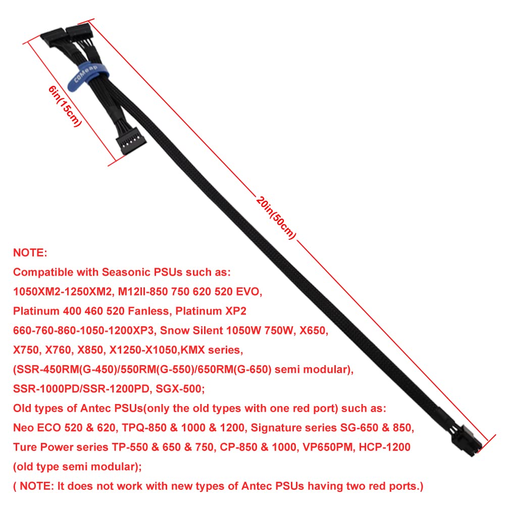 Comeap Sata Power Cable For Seasonic Antec Psus, 6 Pin To 3X 15 Pin Sata Hard Drive Power Adapter Splitter Sleeved For Btc Minin