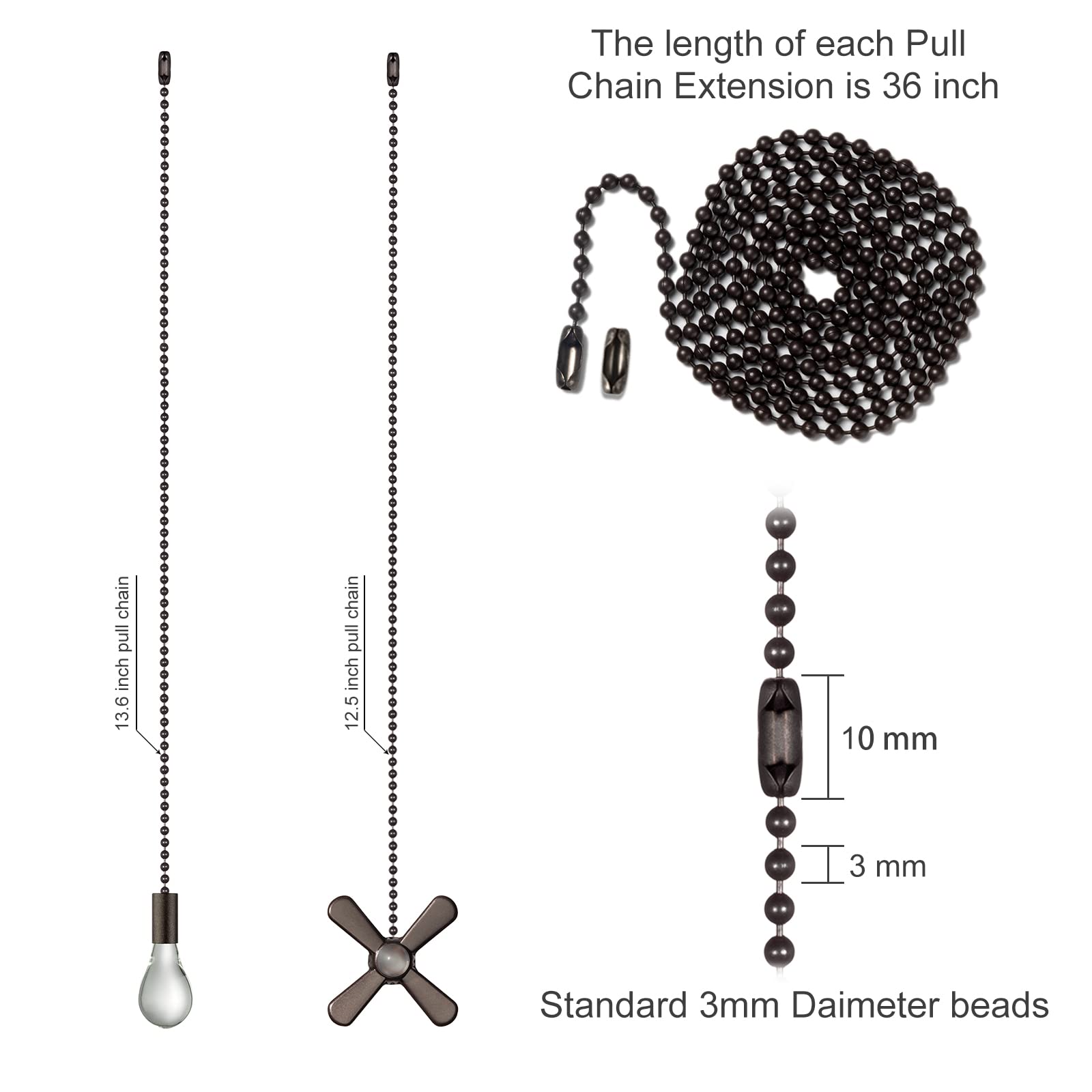 Elfcab Ceiling Fan Pull Chain Set 4Pcs 3Mm Diameter Beaded Ball 12 Inches Pendant Decorative (Clear Bulb And Fan Shape) 2Pcs 36