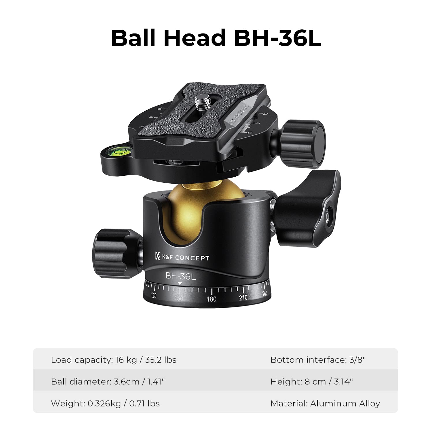 K&F Concept 67 Inch Camera Tripod Horizontal Aluminum Tripods Portable Monopod With 32Mm Ball Head 12Kg Load Capacity Quick Release Plate, For Travel And Work T255A4+Bh 32L(Golden)