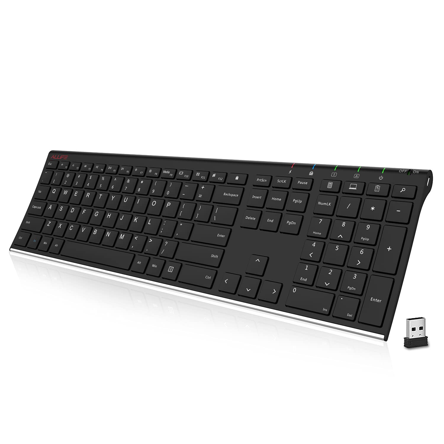 Allife 2.4G Wireless Keyboard Stainless Steel Ultra Slim Full Size Keyboard With Numeric Keypad For Computer/Desktop/Pc/Laptop/S