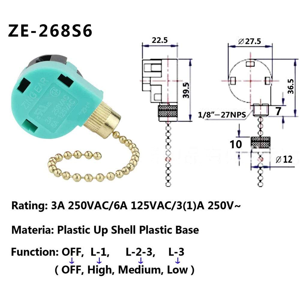 Akahttbn Ceiling Fans Switch Zing Ear Ze 268S6, 3 Speed 4 Wire Pull Chain Cord Appliances Switch Speed Control Replacement Parts