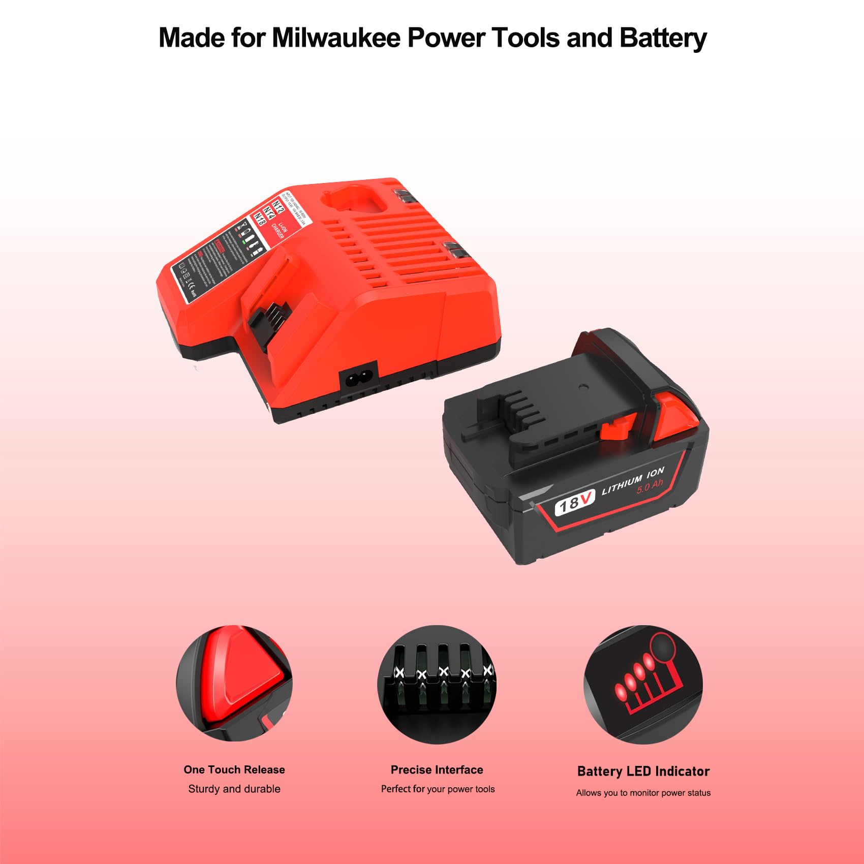 5.0Ah 18V Battery Replacement For Milwaukee M18 18V Battery And Charger Combo,Compatible With Milwaukee M18 Cordless Power Tool