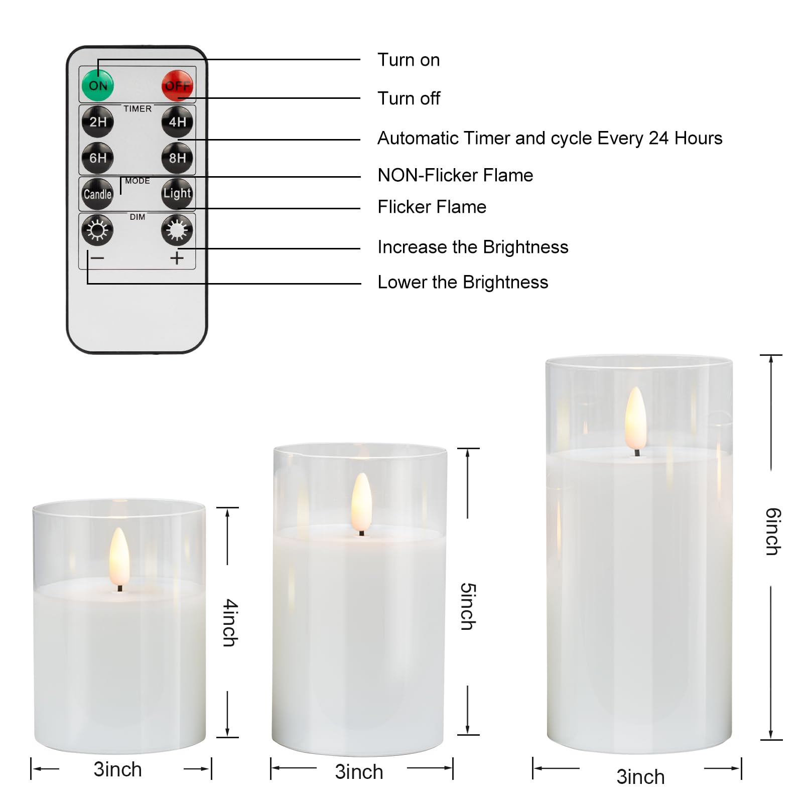 Pure White Glass Flameless Candles With Remote   Battery Operated Candles With Timer, Led Flickering Real Wax Candles For Festiv