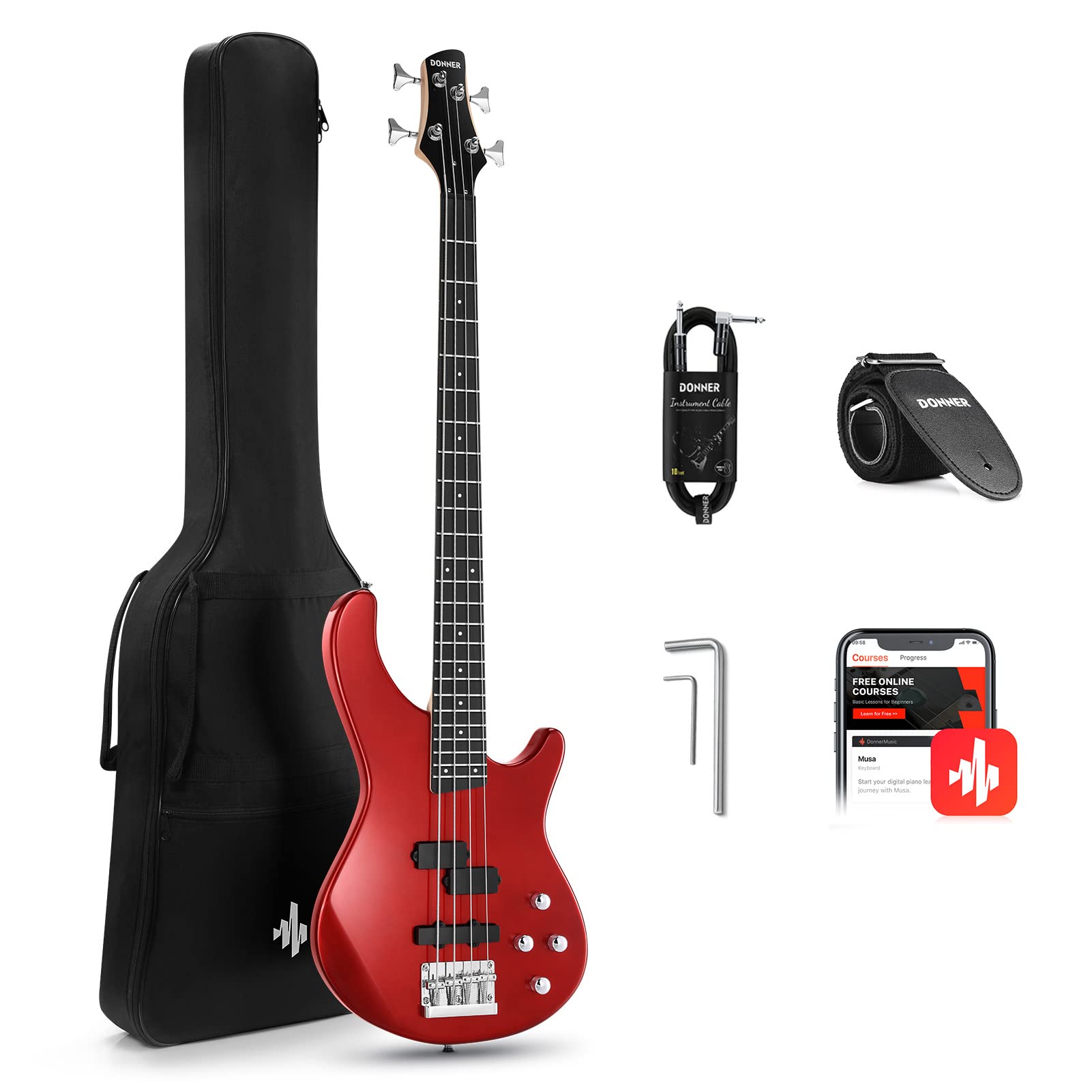 Donner Electric Bass Guitar 4 Strings Full-Size Standard Bass PJ-Style Electric Bass for Adults with Free Online Lesson,Gig Bag 