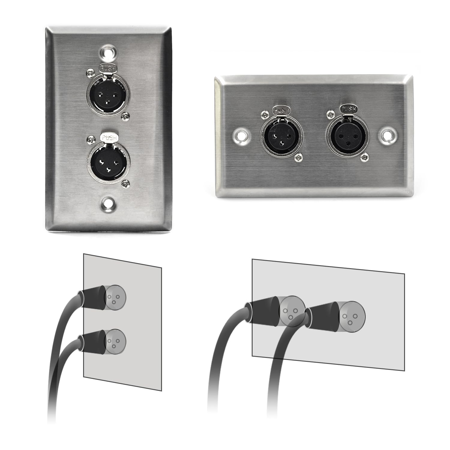 Zhupoub Dual Xlr Female Wall Plates (2 Pack)   Stainless Steel, Xlr Female Connectors, Compatible With Microphone, Mixer, Speake
