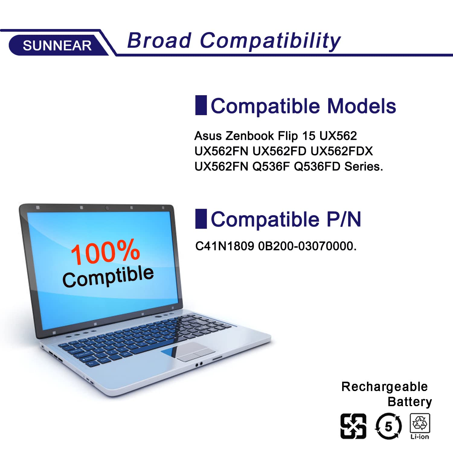 Sunnear C41N1809 4Cells Laptop Battery Compatible With Asus Zenbook Ux562 Ux562Fn Ux562Fd Ux562Fdx Q536F Q536Fd Series Notebook