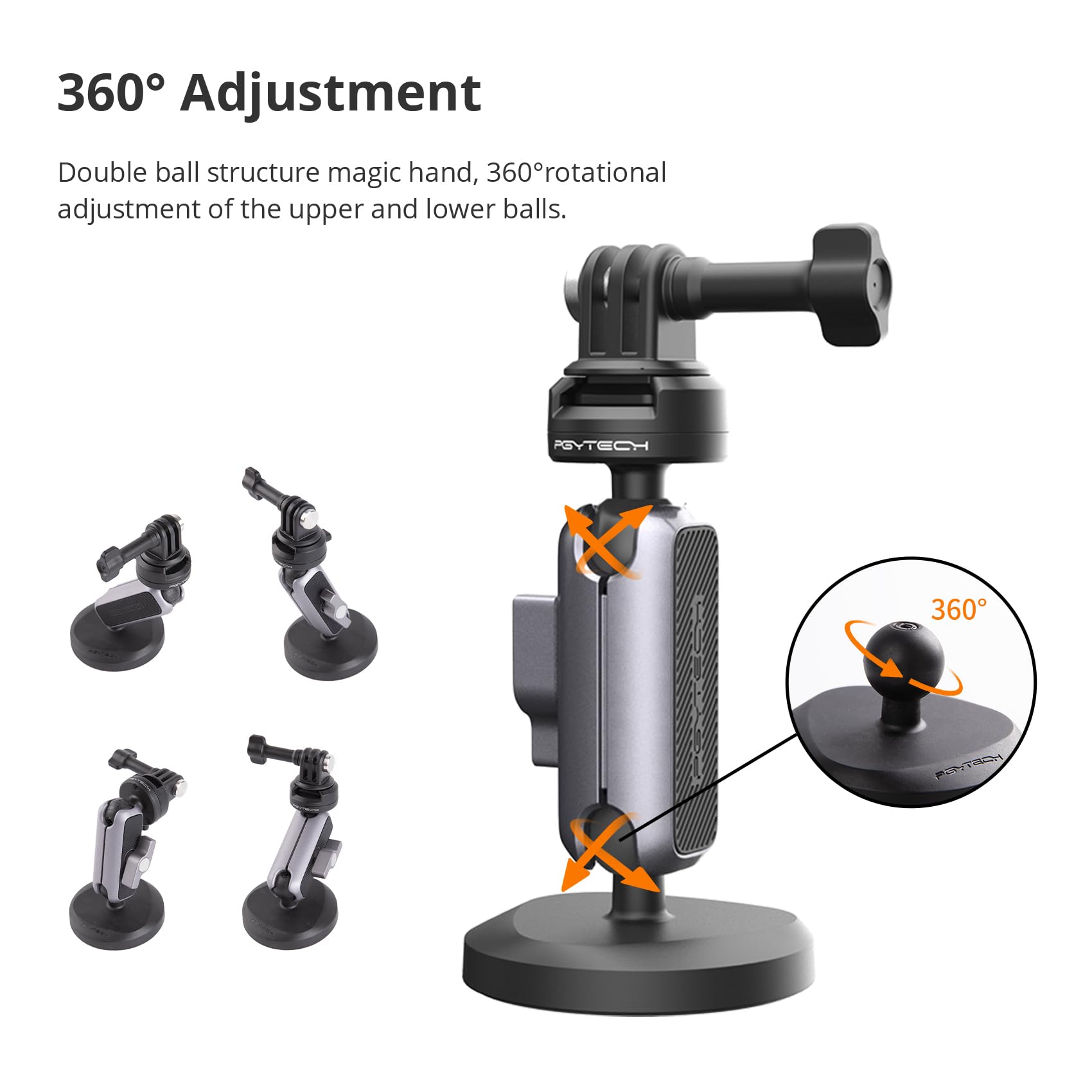 Pgytech Caplock Magnetic Camera Mount Compatible For Dji Osmo Action4/3/2, Gopro 10/9/8, Osmo Pocket 2, Insta360, Double Ball Head Mechanism With 1/4' 20 Standard Thread Adapter
