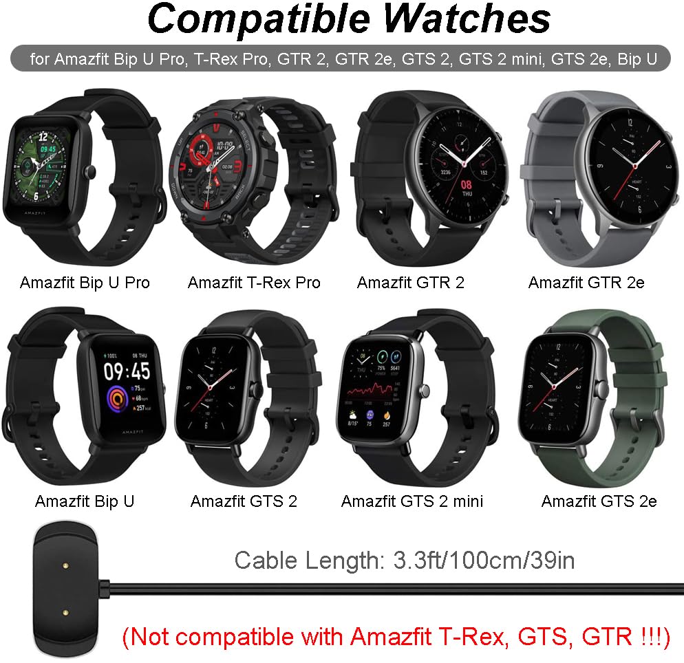 Emilydeals Magnetic Charging Cable for Amazfit Bip 5, Bip 3 Pro, GTS 2, GTR 2 - 3.3ft Black Replacement Charger for Smart Watches