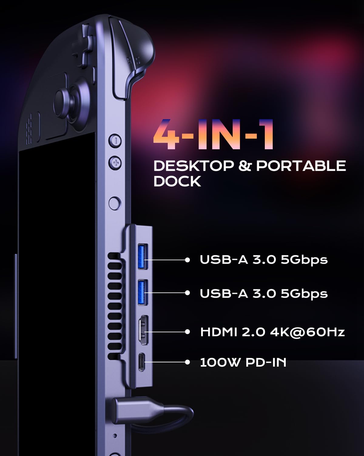Travel Steam Deck Dock For Steam Deck/Oled, Portable Stand Design Usb C Hub With Hdmi 4K@60Hz, 2 Usb A3.0, Pd In 100W Max, Steam