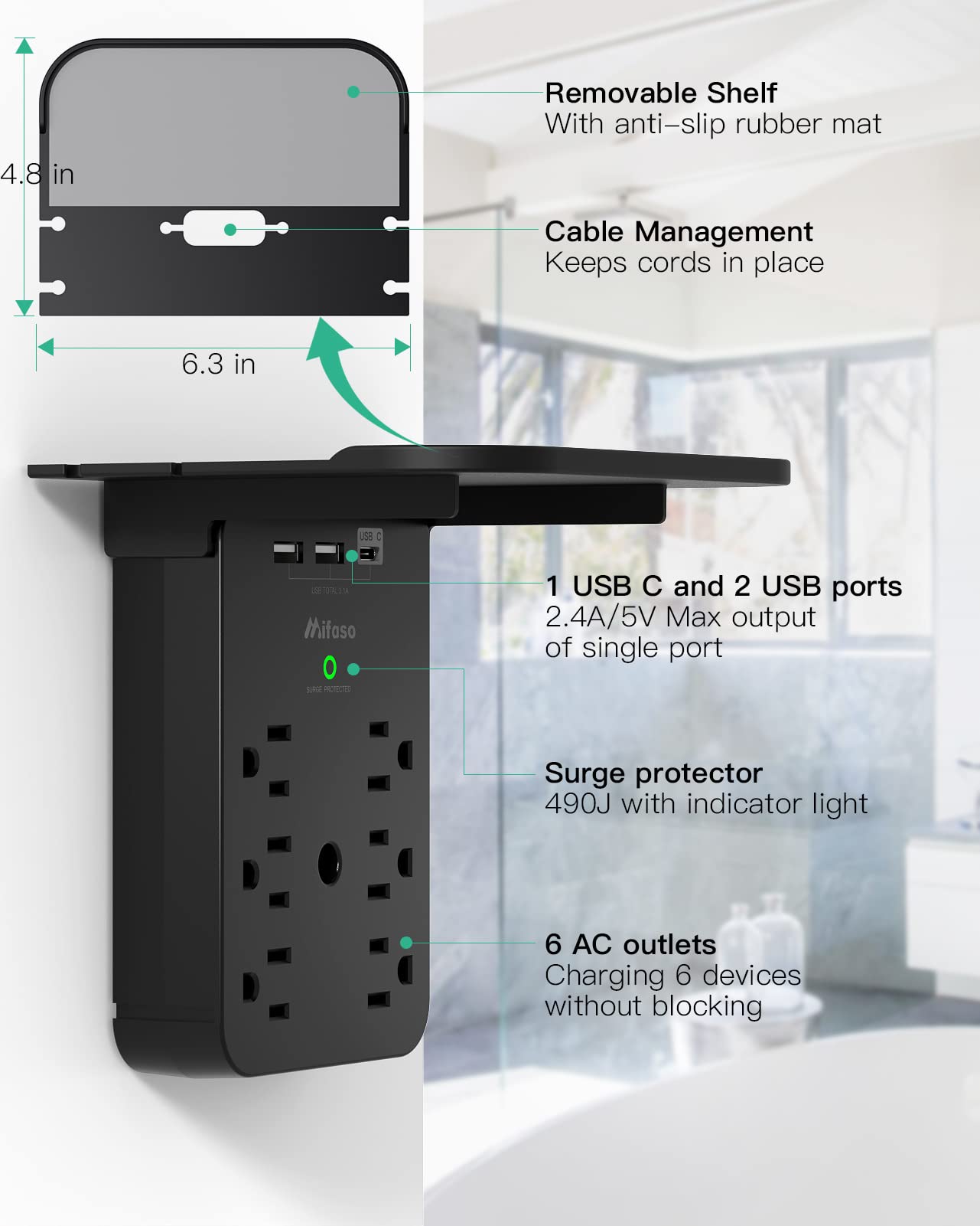 Wall Outlet Extender   Surge Protector 6 Ac Outlets Multi Plug Outlet With Shelf, 2 Usb And Usb C Charging Ports Wall Plug Expander, Usb Wall Charger Outlet Splitter For Home (Black)