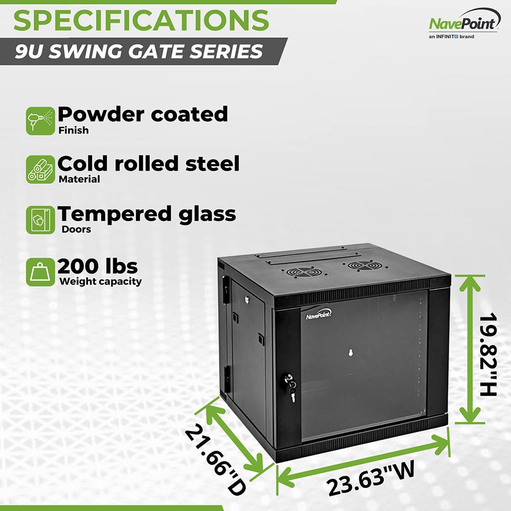 Navepoint 9U Server Cabinet With Hinged Back   21.6    Deep, 9U Server Rack Enclosure With Locking Glass Door, Wall Mount Rack W