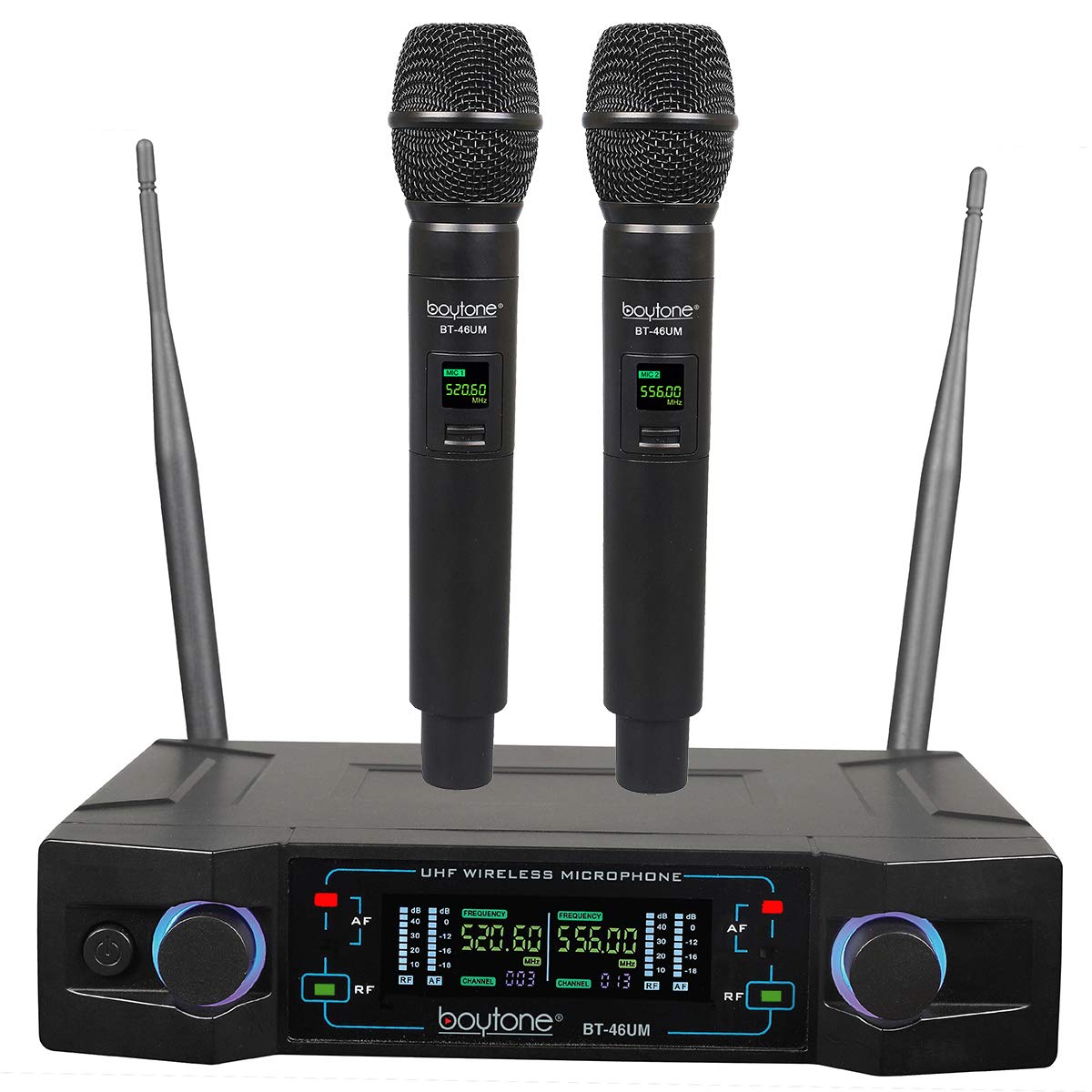 Boytone Bt 46Um Wireless Microphone System, Dual Uhf Cordless Mic Set, Long Distance 150 200Ft,16 Hours Continuous, Fixed Freque