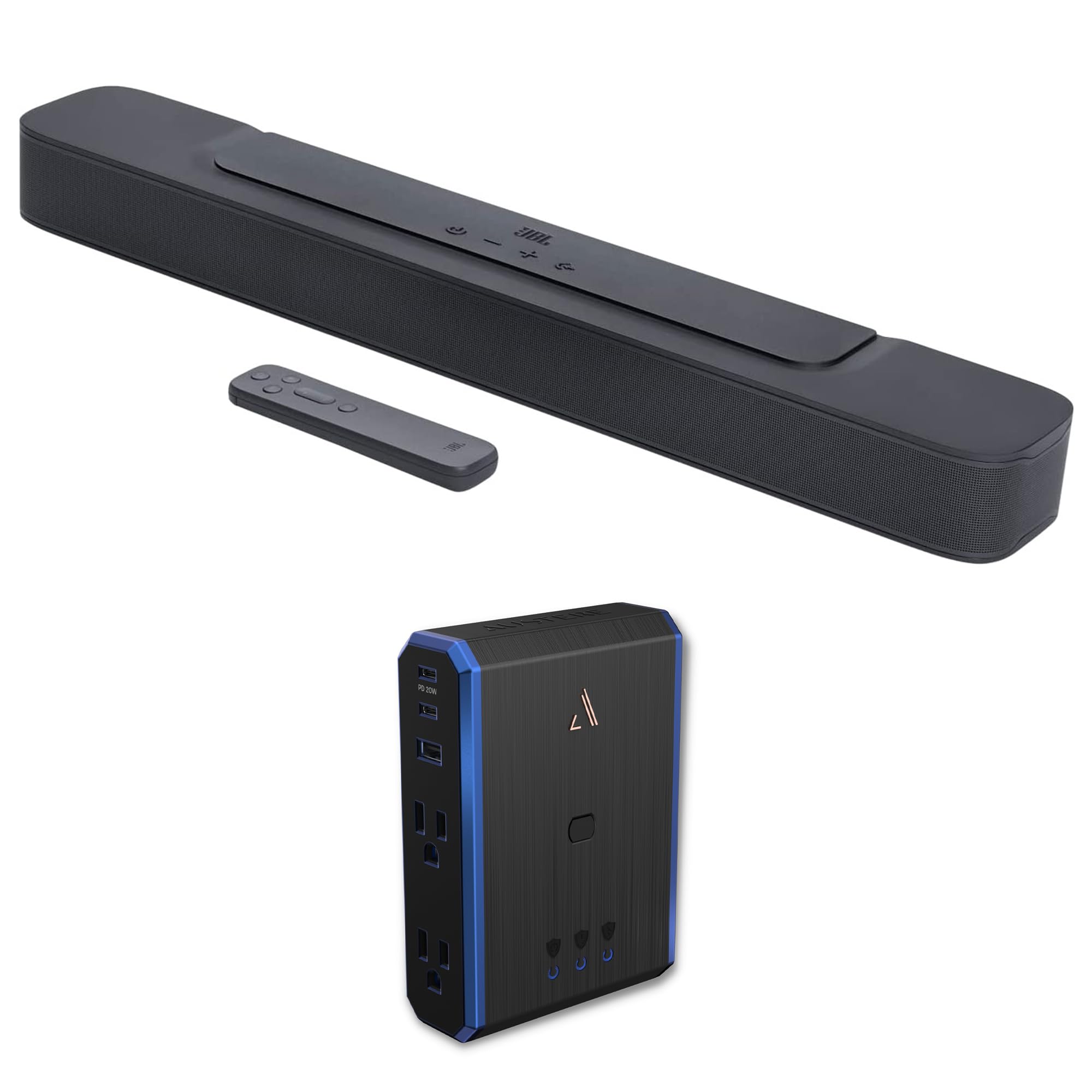 JBL BAR-2-0-ALL-IN-ONE-MK2 Compact 2ch Soundbar with Dolby Digital and an Austere 5S-PS4-US1 4-Outlet Power with Omniport USB (2