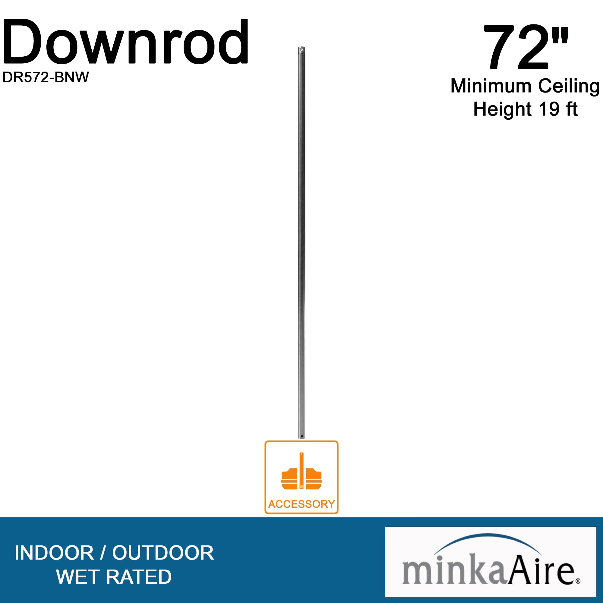 Minka-Aire 72 Inch Ceiling Fan Downrod - Brushed Nickel Wet - Dr572-Bnw