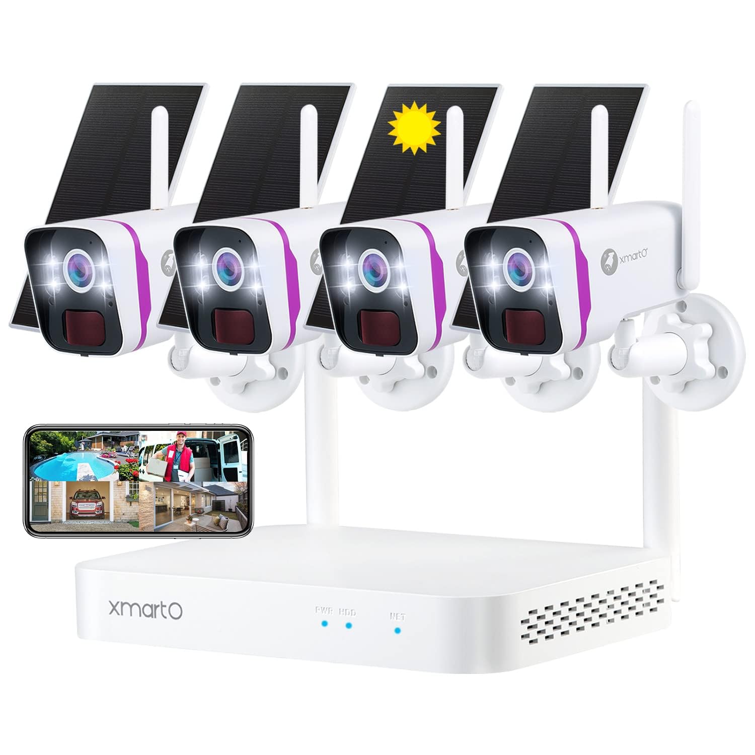 Xmarto Wifi 6 Wire Free Solar Home Security Camera System Wireless, 4 Cam 4Mp Qhd Cctv Camera Kit With 10Ch Expandable 4K Wifi N
