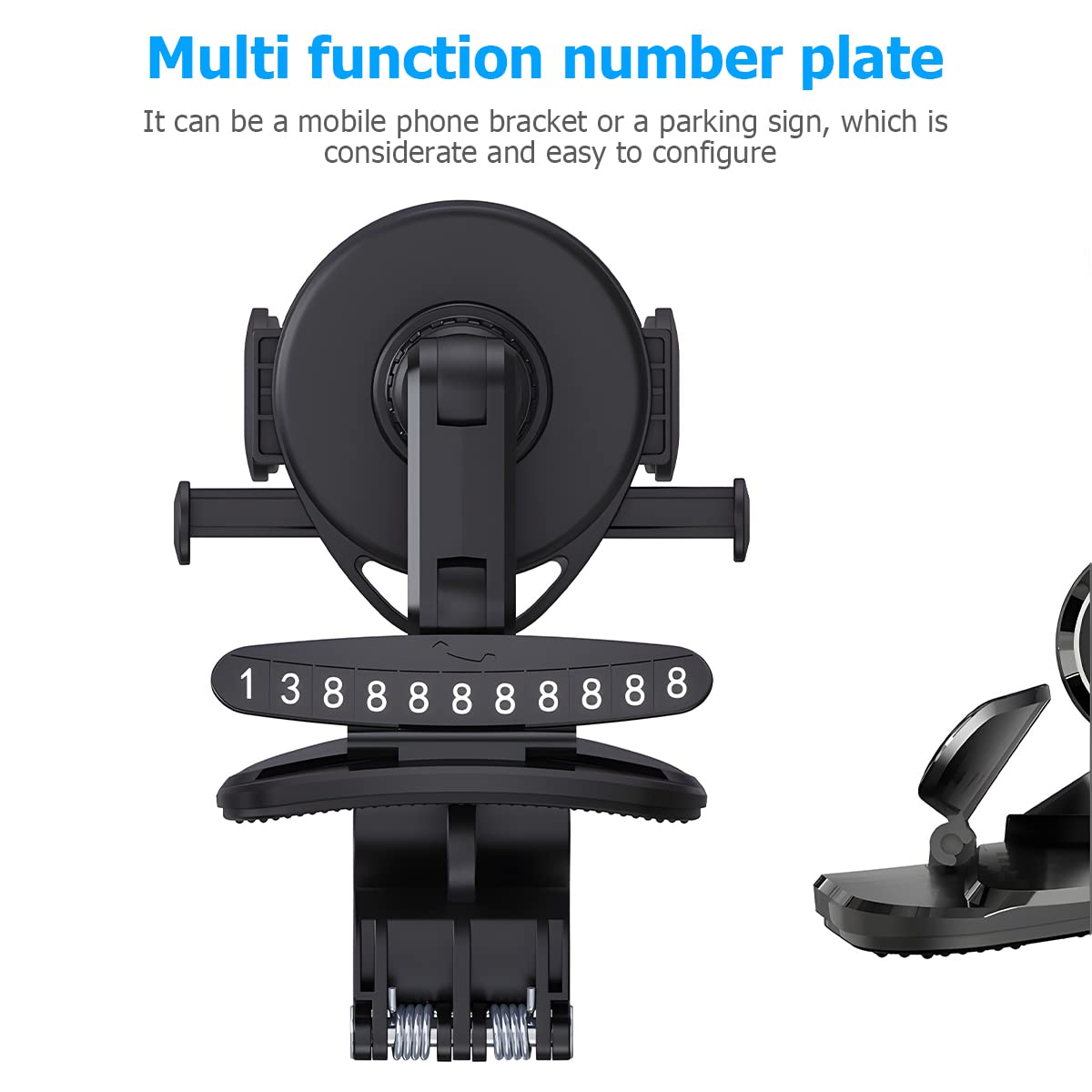 Belomi Car Phone Holder Mount, Clip On Auto Dashboard, Cell Phone Stand With Parking Number Plate, 360 Degree Rotation One Hand