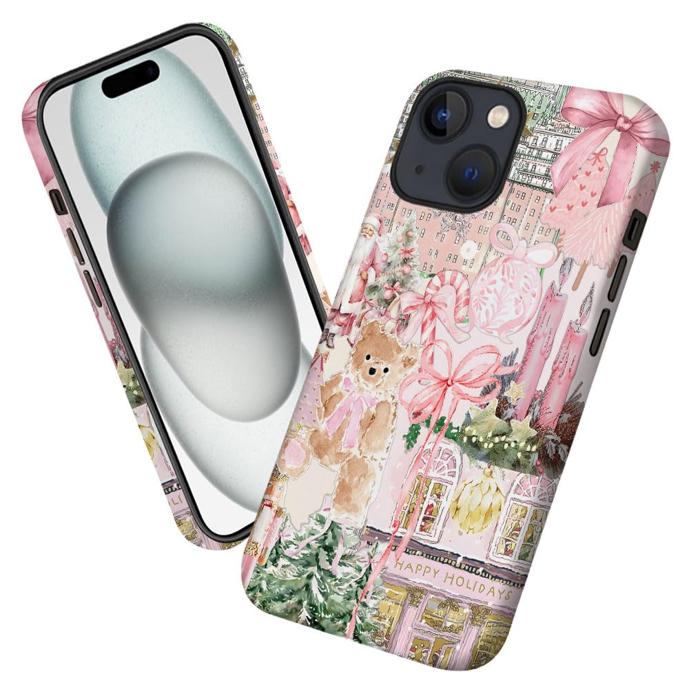 Case for iPhone 14 Plus,Pink Tree Christmas Holiday Phone Case Military-Grade Drop Protection Cover for Women Girl - Frosted