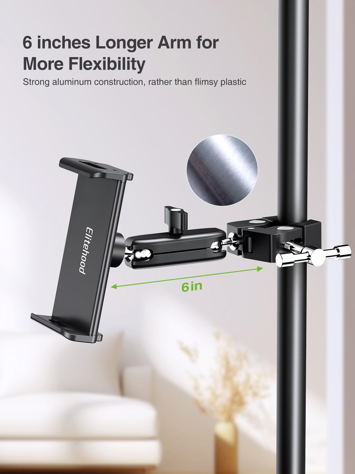 Elitehood 2024 Newest Dual Ball Head Aluminum Tablet Holder For Mic Stand, Adjustable Ipad Mic Stand Holder, Side Mount Microphone Music Stand Phone Holder Mount For Ipad, Iphone,4, 7  12.9In Tablets