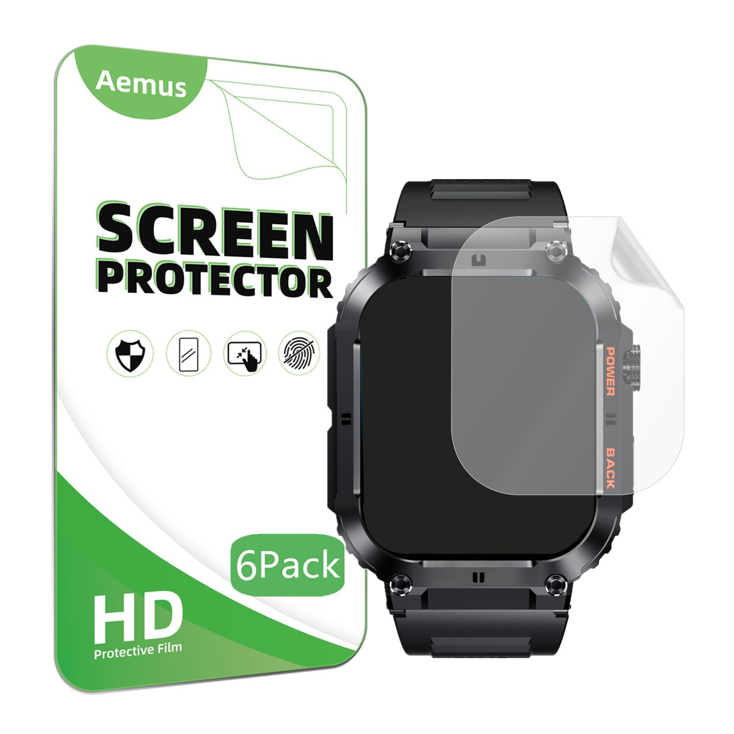 Aemus Screen Protector Compatible For Ypaddbu, Hvlgmrc Military Smart Watch 1.96 Inches (6 Pack) Pet Clear Film Compatible For J