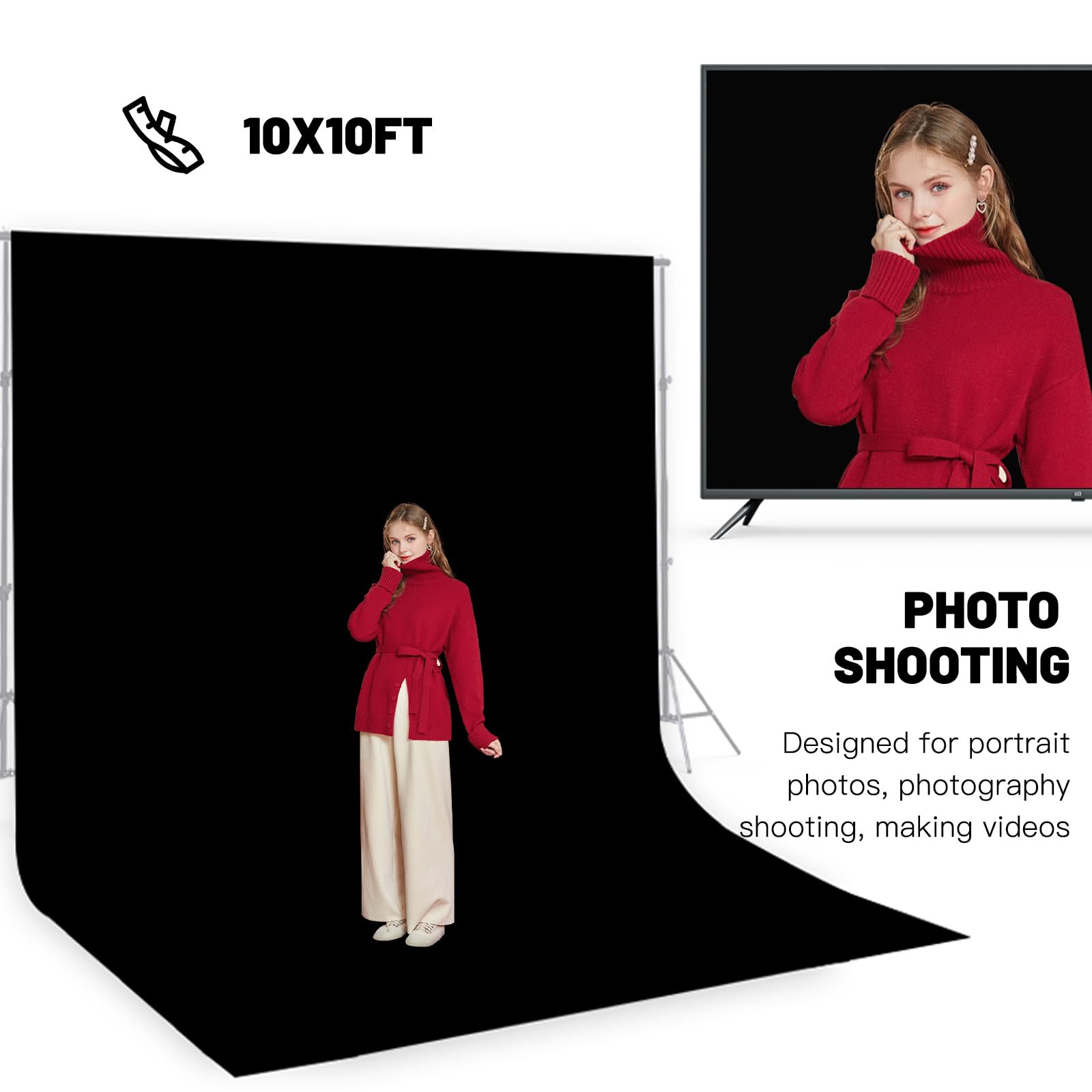 Beiyang 10 X 10 Ft Black Backdrop Background For Photography, Black Photo Cloth Background Screen For Photography, Wrinkle Resis