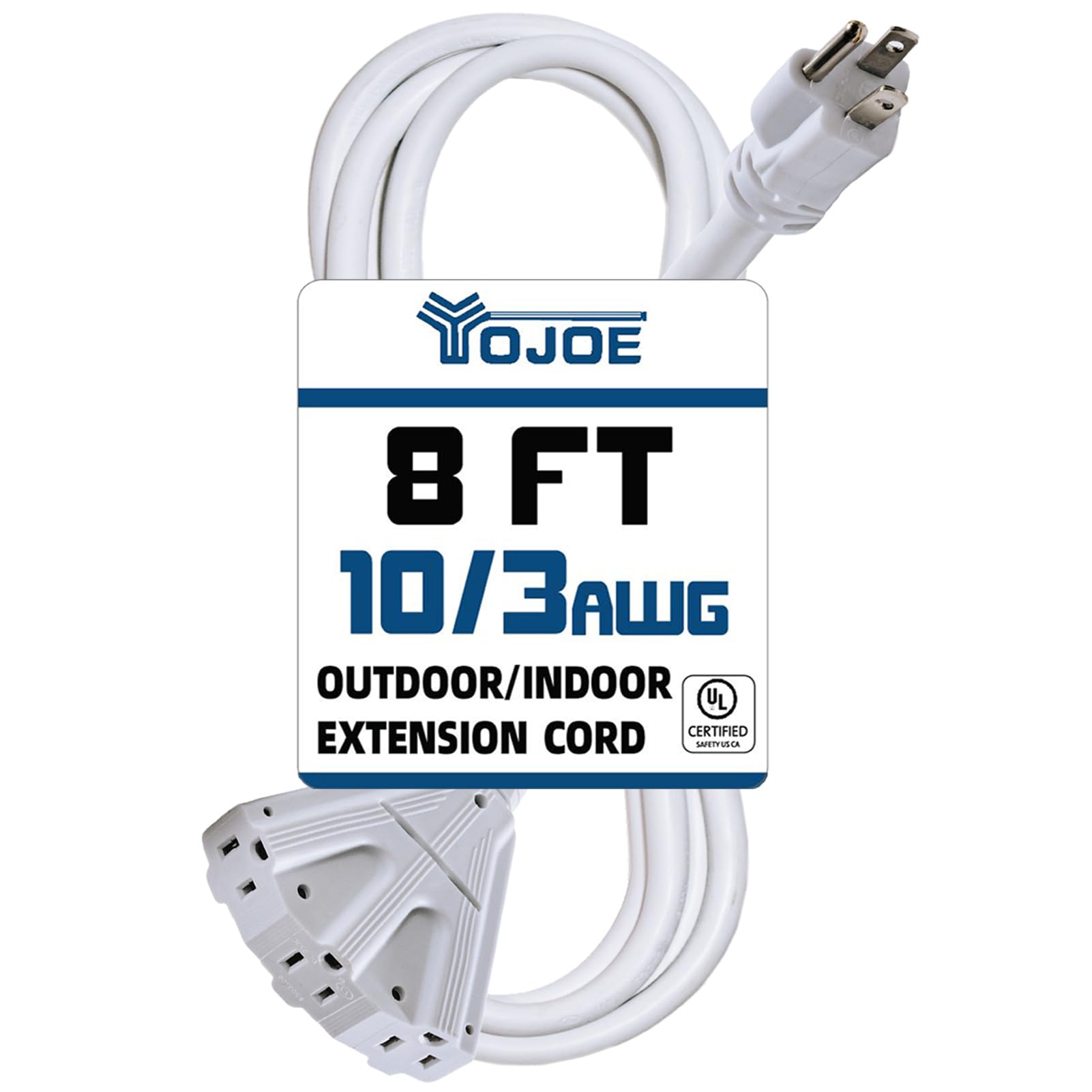 Yojoe 3 Outlets Indoor Outdoor Extension Cord, 3 Prong 15A Weatherproof Power Cord Multiple Outlets, 10 Gauge Heavy Duty 8 Ft Wh