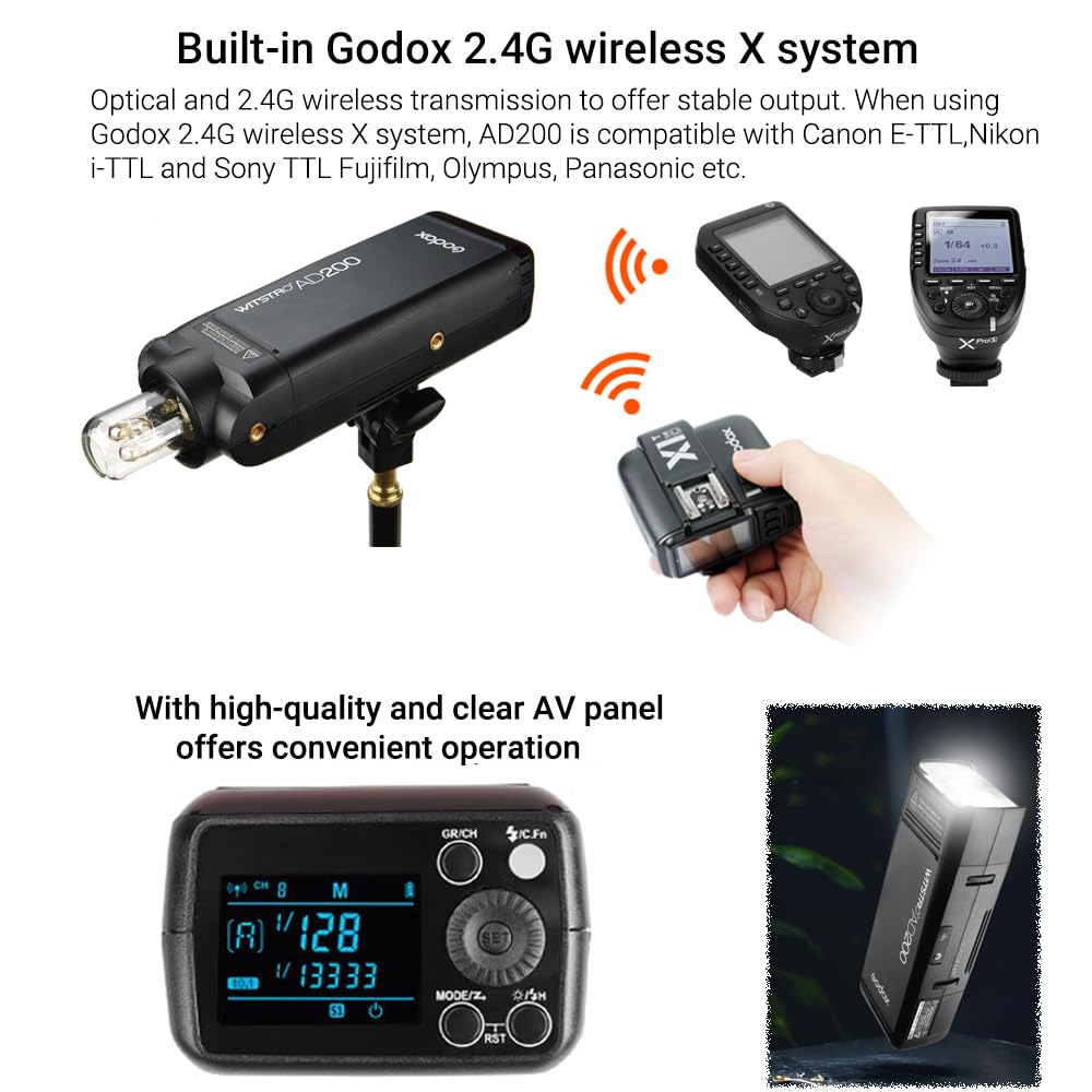 Godox Ad200 Strobe Flash Monolight, 200Ws Pocket Flash Light, 2.4G Ttl 1/8000 Hss Speedlite With 2900Mah Li Ion Battery, Bare Bu