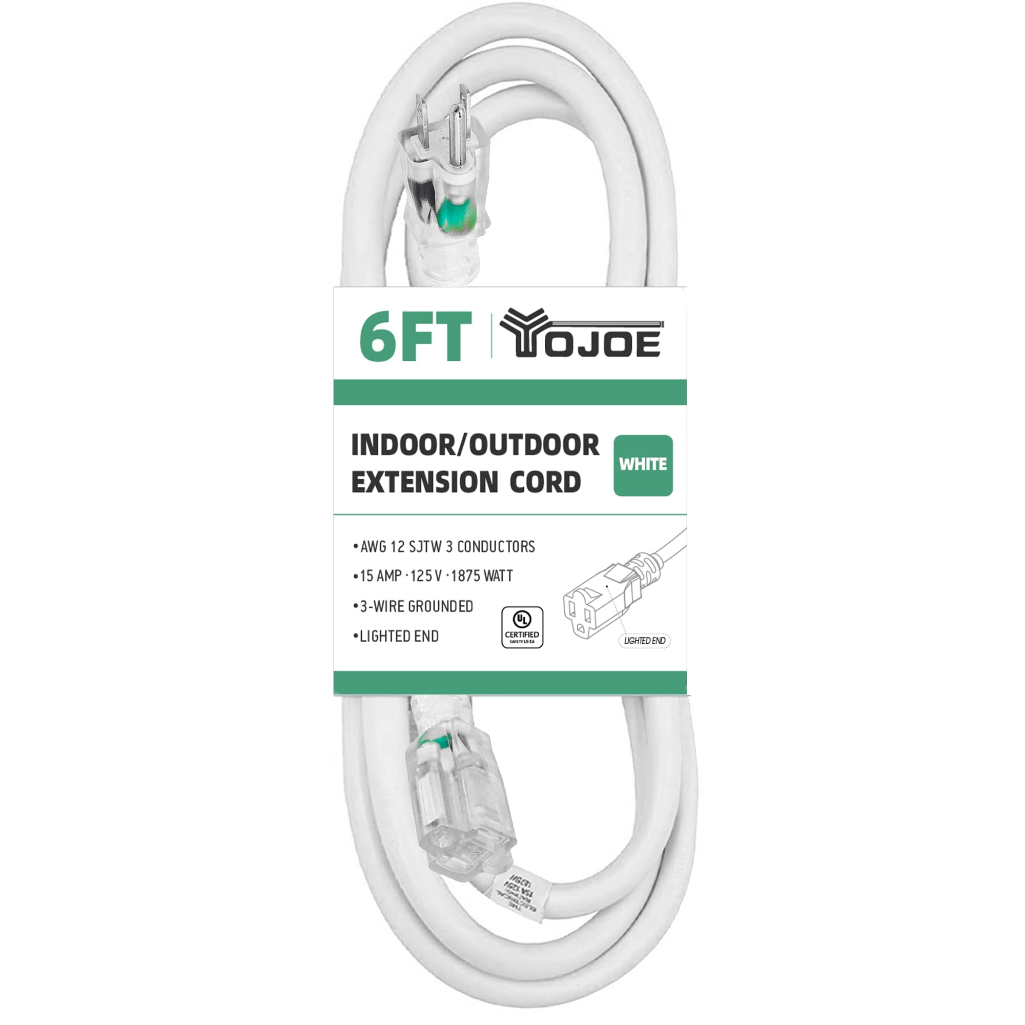 Yojoe Indoor Outdoor Extension Cord With Lighted End, 3 Prong 15A Weatherproof Power Extension Cord, 12 Gauge Heavy Duty 6 Ft Wh