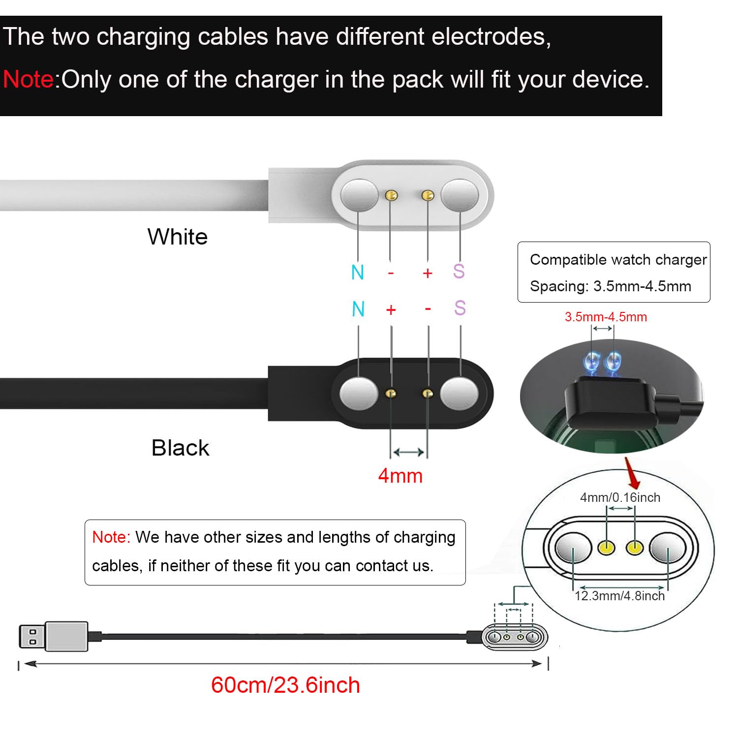 Xininyia Compatible For Rohs Smart Watch Charger, 2 Pin/2-Pack [Model A + Model B, One Fit] 4Mm Magnetic Usb Charging Cable For