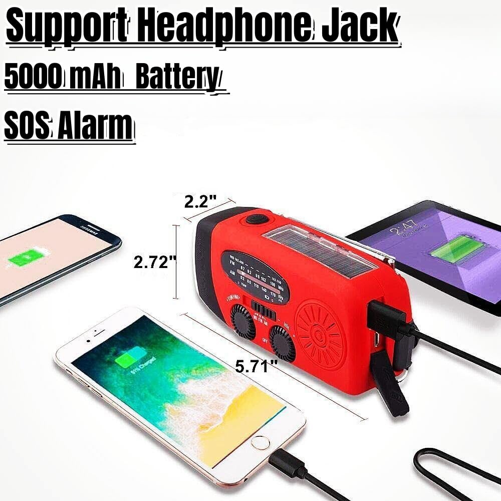 Handsider 5000Mah Hand Crank Emergency Weather Radio, Am Fm Noaa Solar Radio With Led Flashlight And Earphone Jack, Power Bank C