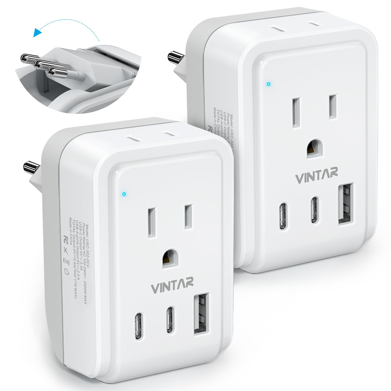 2 Pack Italy Travel Plug Adapter, Vintar Foldable Italy Power Adapter With 3 Usb Ports(2 Usb C) And 2 American Outlets, 3 Prong