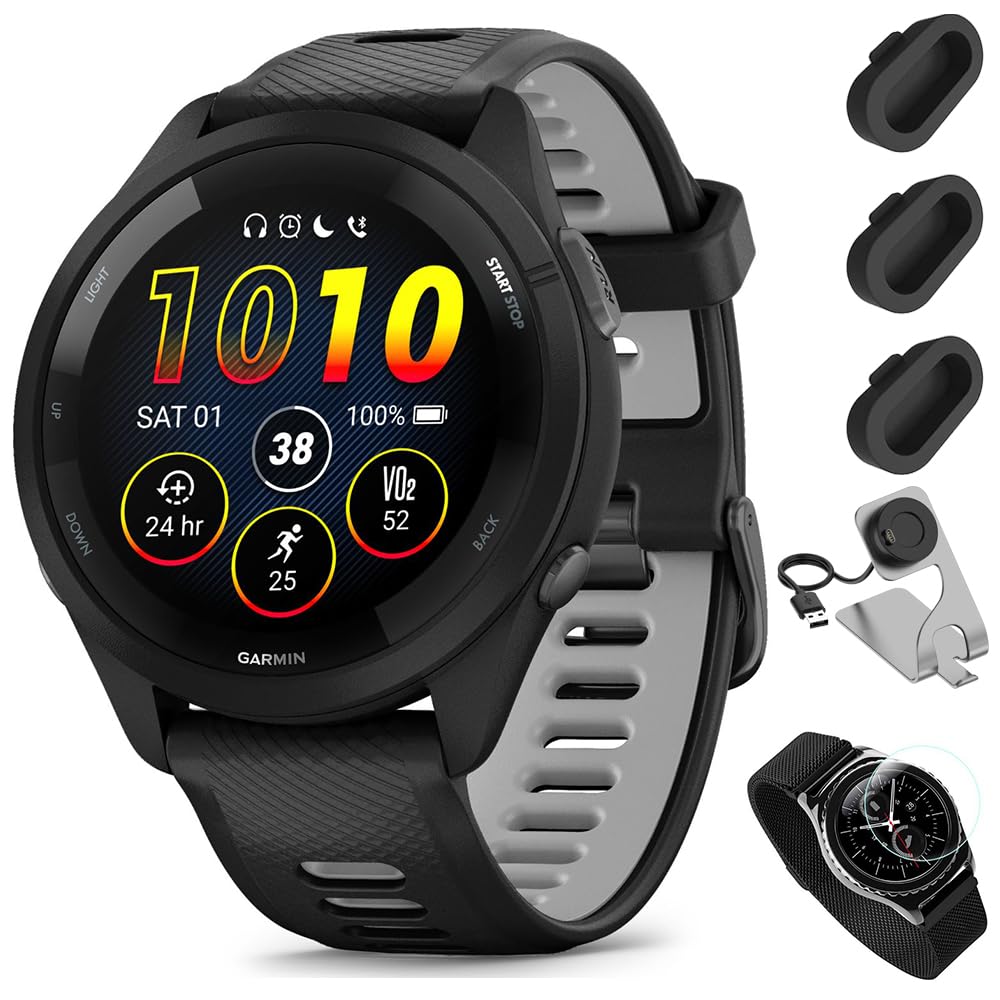 Garmin Forerunner 265 Gps Smartwatch - 46Mm, Black/Powder Gray Bundle With Deco Essentials Charging Dock Venu 3 + Silicone Dust 