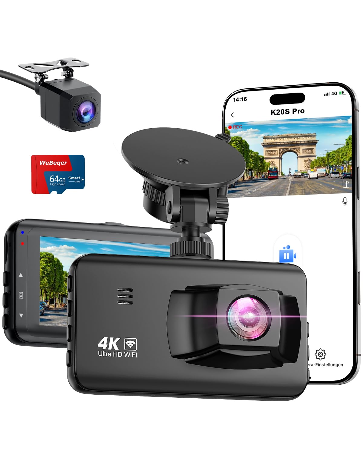 Dash Cam Front And Rear,4K Dual Dashcam With 64Gb Card,4K+1080P Wifi Dash Camera For Car,2 Channel Dashboard Camera,3'' Ips Scre