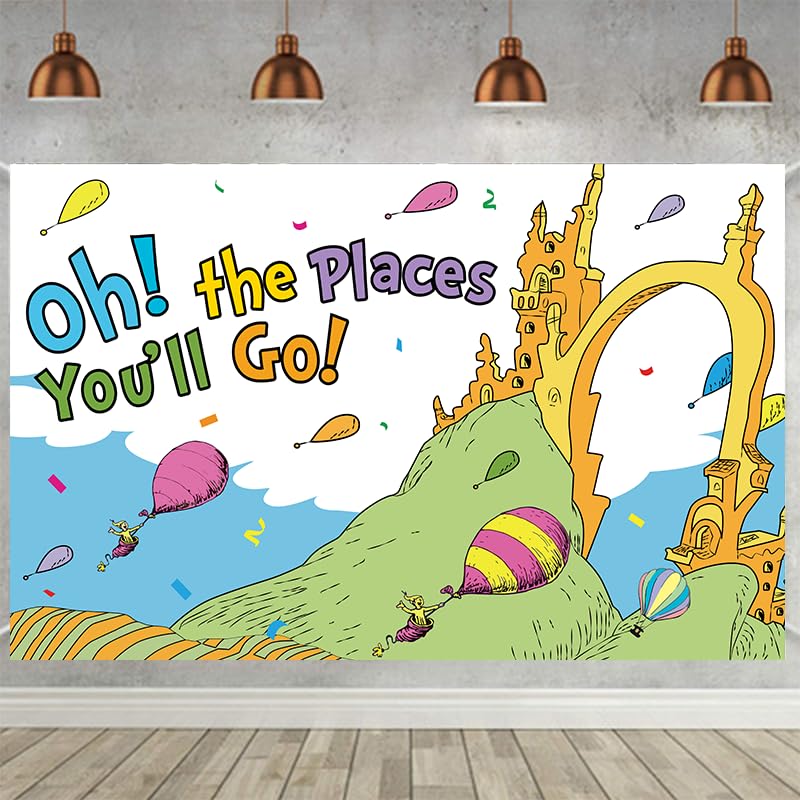 Loonelo Oh The Places You'Ll Go Backdrop, Blue, Polyester, 70.8''X43.3'', For Graduation, Includes Long String, Widely Applicabl