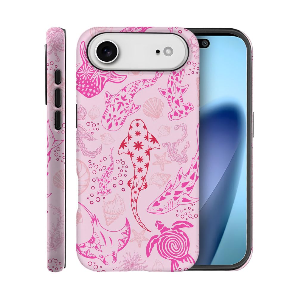 Case for iPhone 17 Air,Fits Frosted Case Design for Girl Women,Sharks Turtles Shells Seaweed Pink