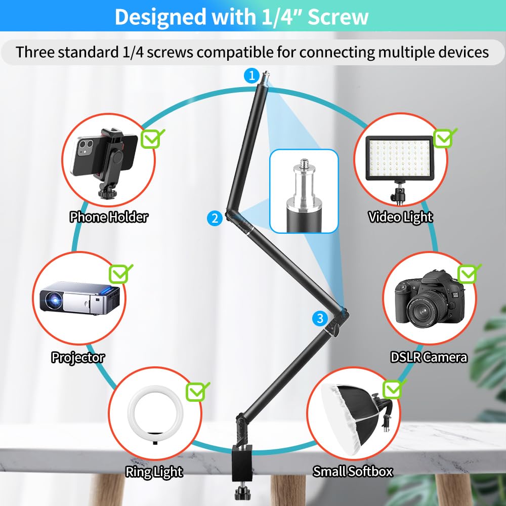 Heavy Duty Overhead Camera Desk Mount Stand 14.5-41 With 1/4 Screw, 3-Section 360Rotatable Detachable Articulating Boom Arm With