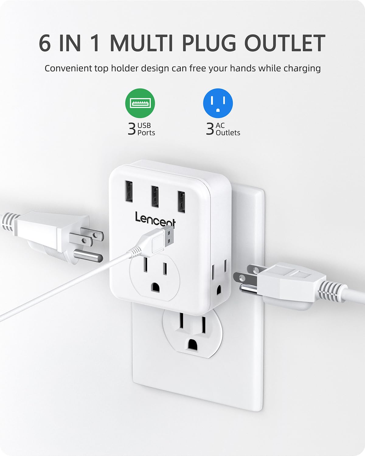 Lencent Multi Plug Outlet Extender, 2 Pack, 3 Outlets Splitter With 3 Usb Ports, Usb Brick, Wall Charger, 3 Prong Power Charging