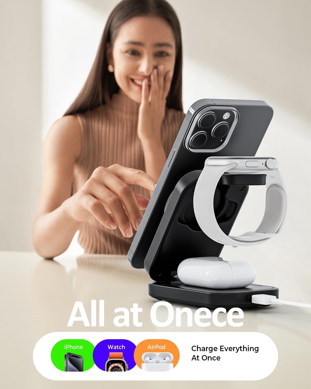 Wireless Cell Phone Charger Station 3 In 1, Magnetic Wireless Fast Charger Dock Stand For Iphone, Apple Watch, Airpods Pro, 15W