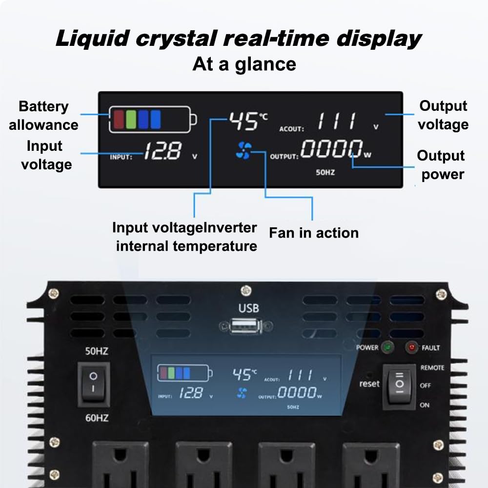 Sunivora 3000 Watt Pure Sine Wave Power Inverter With Lcd 12V Dc To 110V/120V Ac Peak Power 6000W Car Power Inverter With 4 Ac O