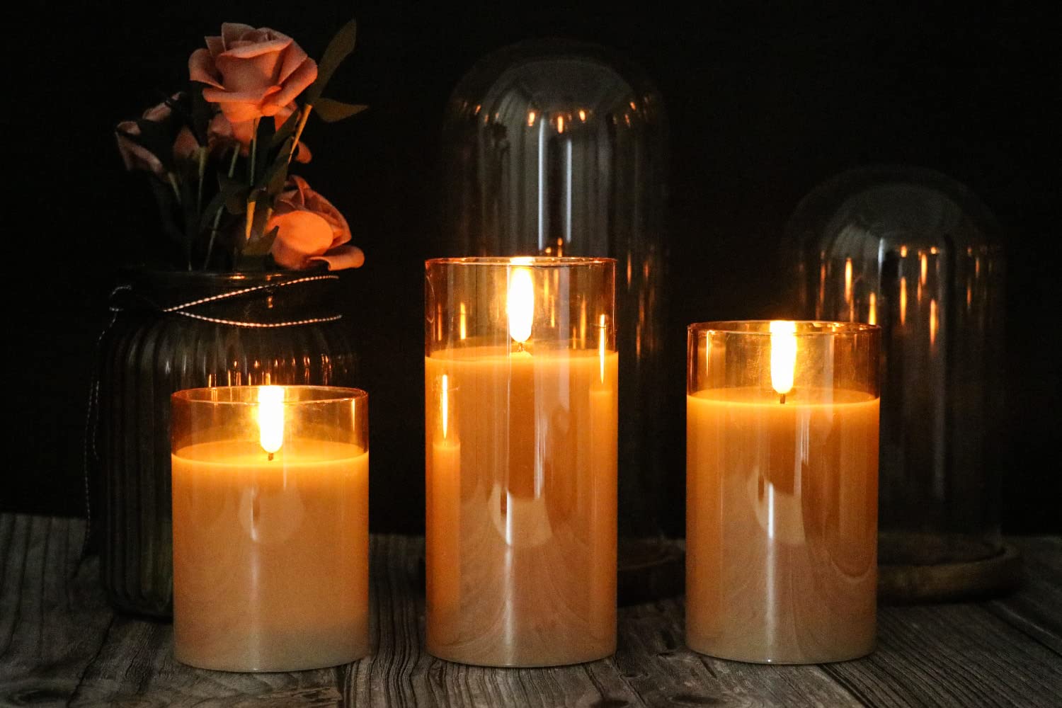 Genswin Rechargeable Led Flameless Flickering Glass Candles With Remote Timer, Battery Operated Pillar Candles Long Lasting Gold